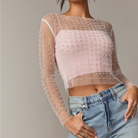 Francesca’s Sheer Pearl-Embellished Top NWT - Picture 1 of 7